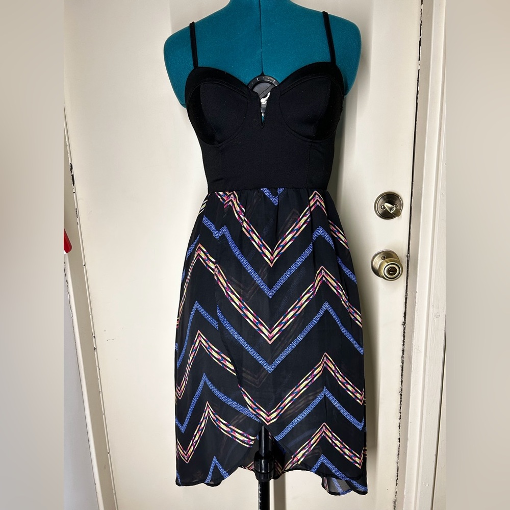 Black striped bustier’ high-low dress